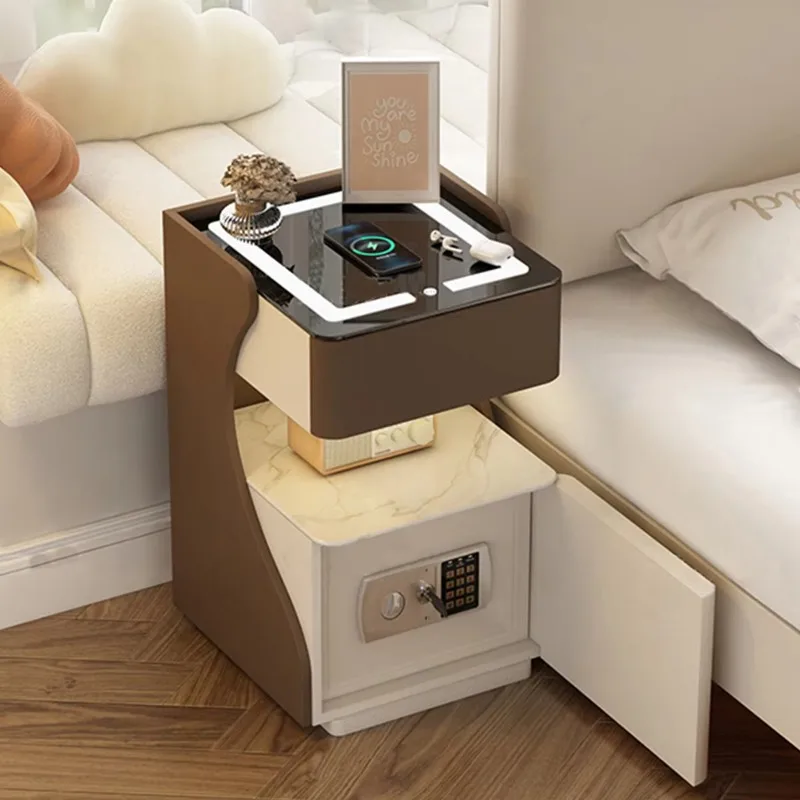 

Lockable Smart Bedside Table with Safe Multifunctional Leather Nightstand Modern Chargeable Safety Bedside Table with Storage