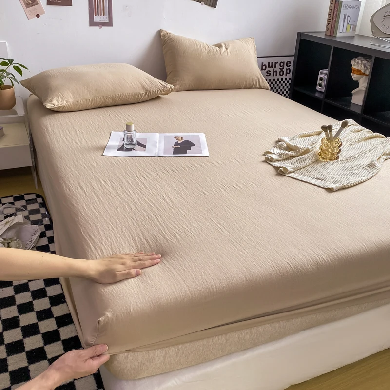 Japanese Style  3PCS  Soft Washed Cotton with Elastic Band Solid Color Mattress Cover for Full Double King Queen Bed 150/180/200