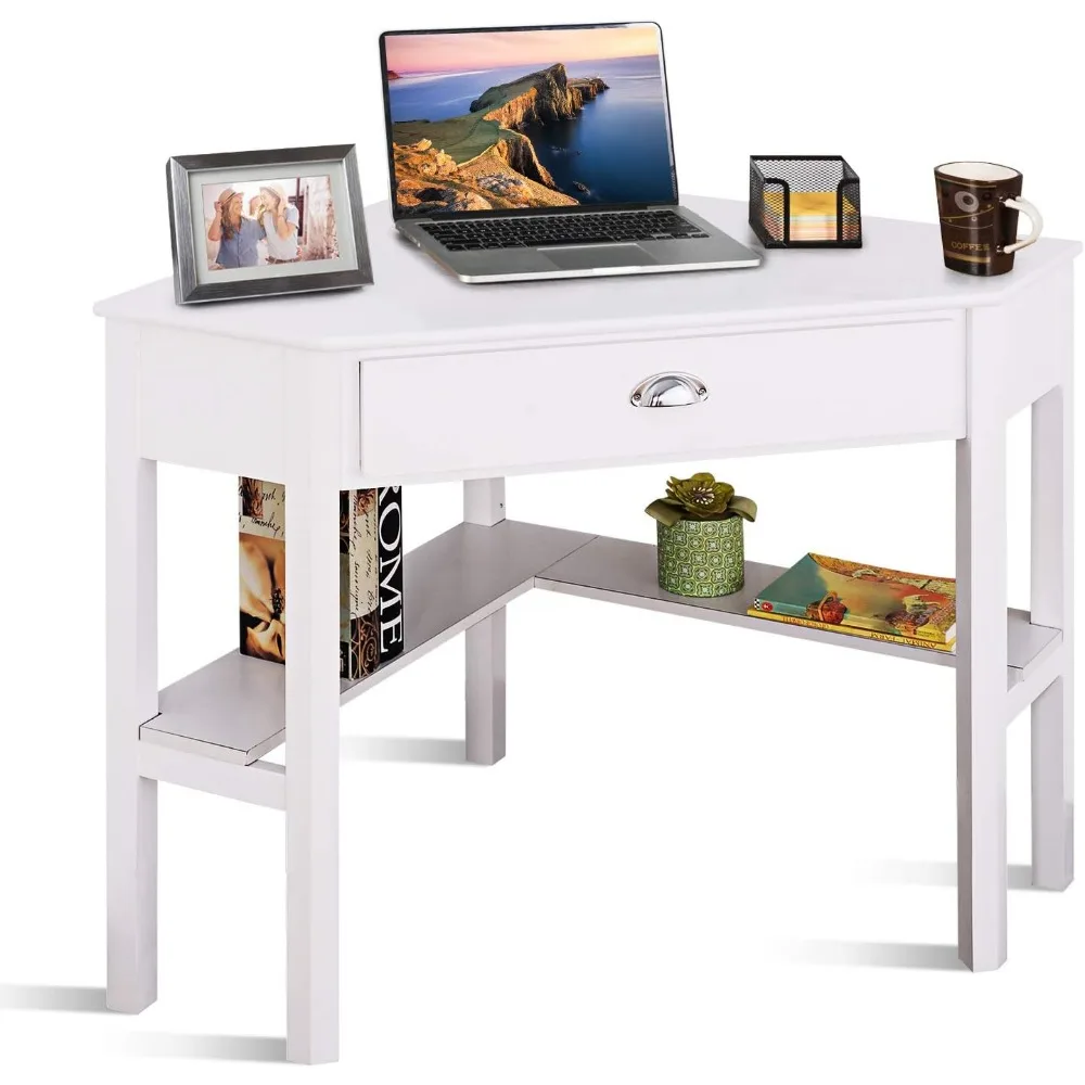 

Computer Corner Desk, Wood Compact Home Office Writing Workstation with Drawer and Shelves, Laptop PC Corner Table for S