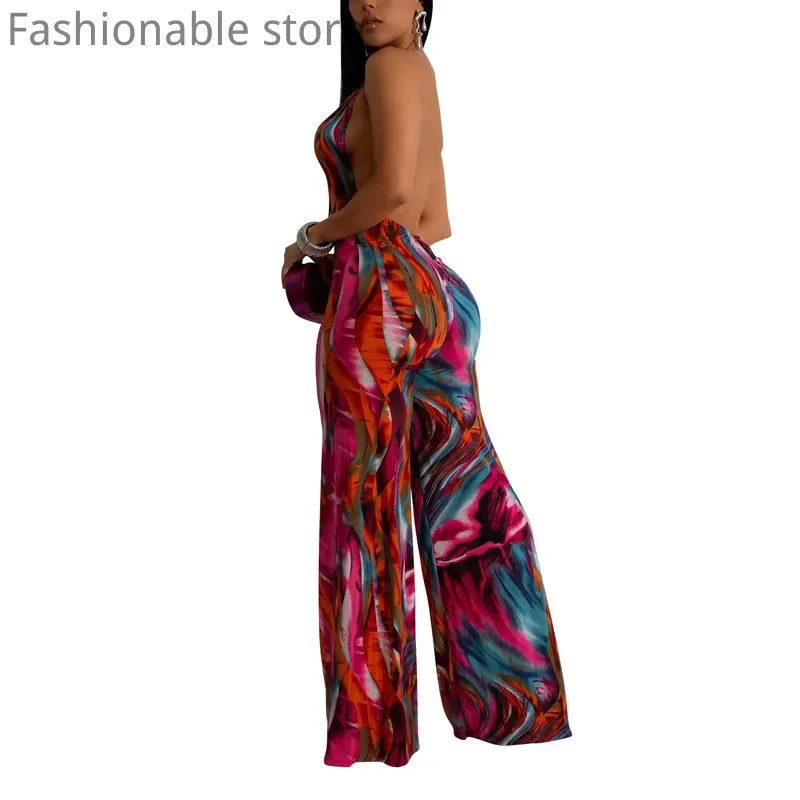 Women's Sexy Print Sleeveless Halter Deep V Neck High Waist Wide Leg Jumpsuits