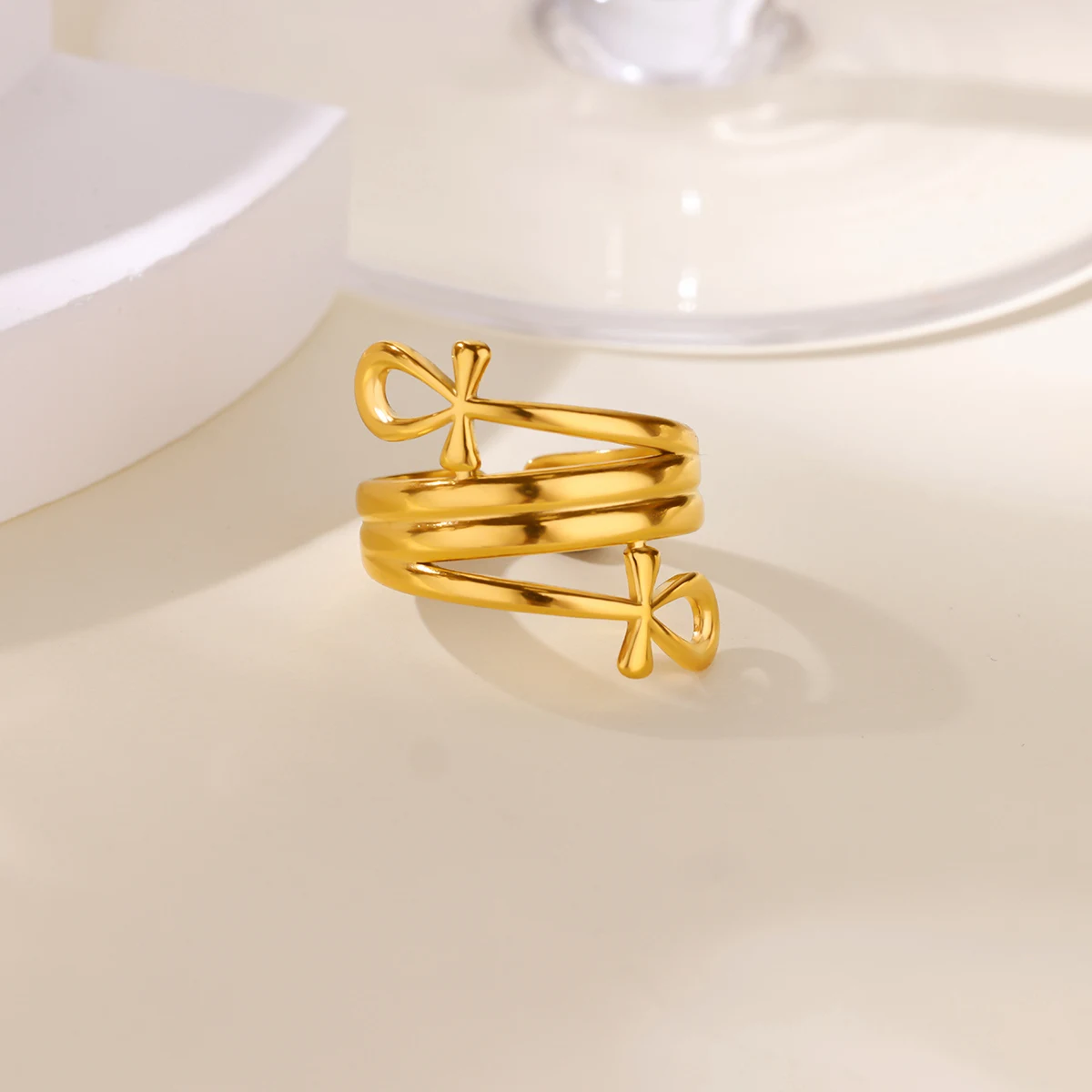 Ankh الصليب خواتم للنساء الذهب اللون قابل للتعديل الفولاذ المقاوم للصدأ خاتم خمر المصرية الدينية الصليب نمط مجوهرات فريشيب