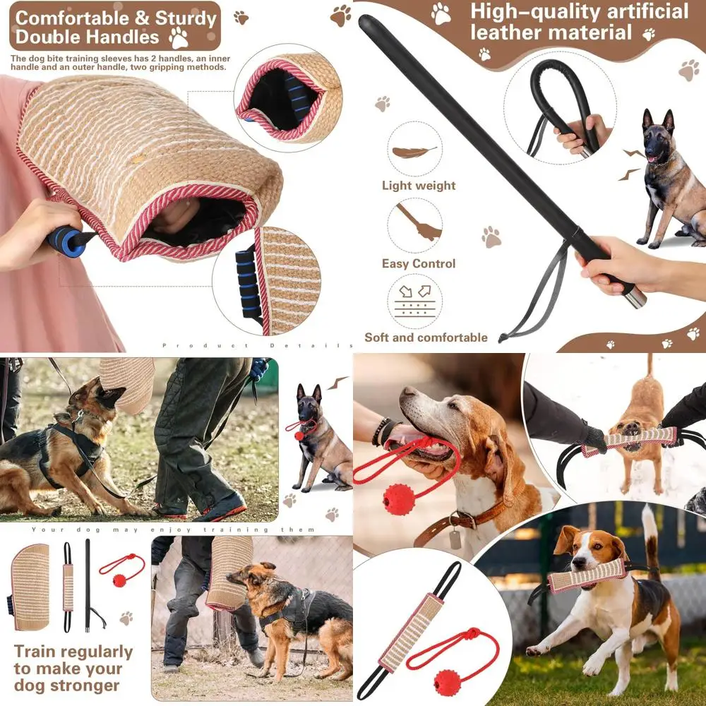 مجموعة معدات تدريب الكلاب: كم، وسادة، لعبة شد، عصا، كرة مطاطية للعض، جلب تدريب الجرو K9 (أحمر)