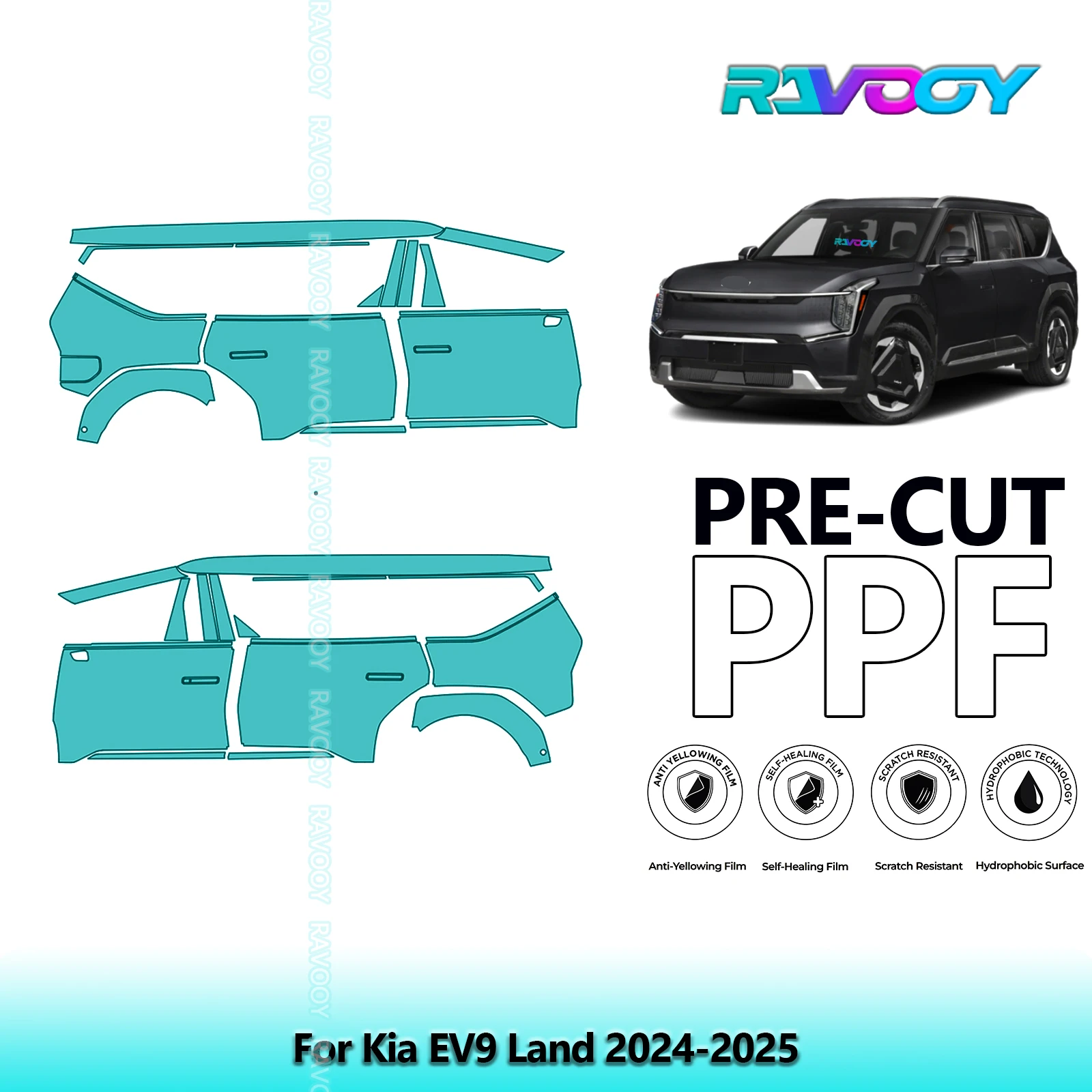 

For Kia EV9 Land 2024-2025 8.5mil Clear Matte Pre-Cut PPF Door & A/B Pillar Kit TPU Paint Protection Film Set
