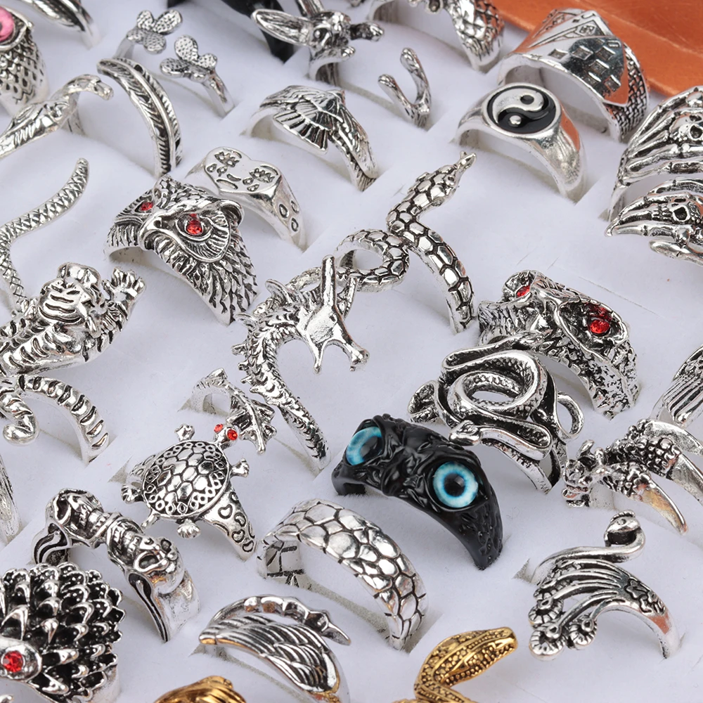 20 Pieces/Lot Vintage Punk Snake Rings for Women and Men Dragon Animal Devil\'s Eye Adjustable Mix Hip Hop Gothic Charm Jewelry