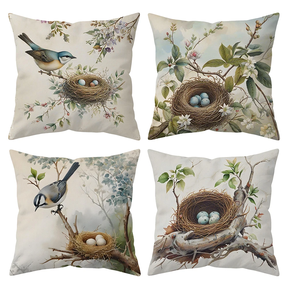 

Vintage Bird Nest Throw Pillow Covers Set of 4, 18x18 Inch Double-Sided Print White Linen Cushion Case for Sofa Couch Home Decor