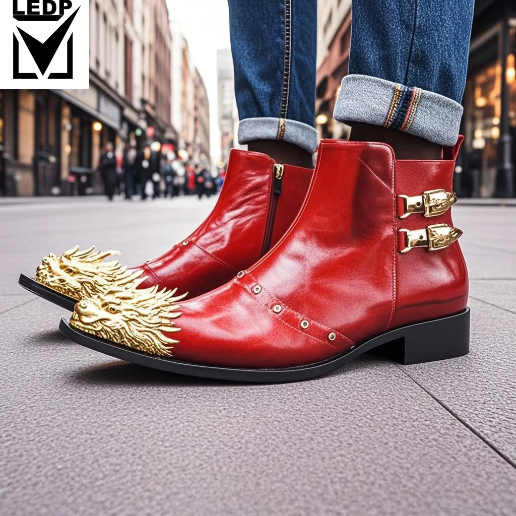 

Autumn Party Men's Boots Lron Head Tip Rivet Metal Buckle Cowhide Gao Bang Luxury Leather Boots Social Contact Wedding Shoes