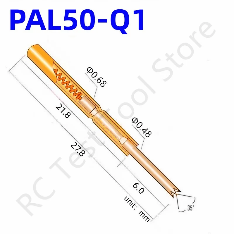 

100PCS PAL50-Q1 Spring Test Probe PAL50-Q Test Pin Test Tool 27.8mm Dia0.68mm Gold Needle Tip Dia 0.48mm Pogo Pin PL50-Q PL50-Q1