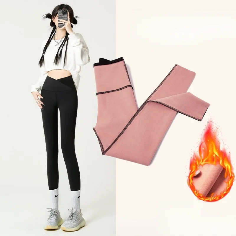 

Брюки женские с высокой талией, на подкладке, облегающие, для осени и зимы, спортивные, с эффектом подтяжки ягодиц, для похудения ног, для йоги, с перекрестными швами...