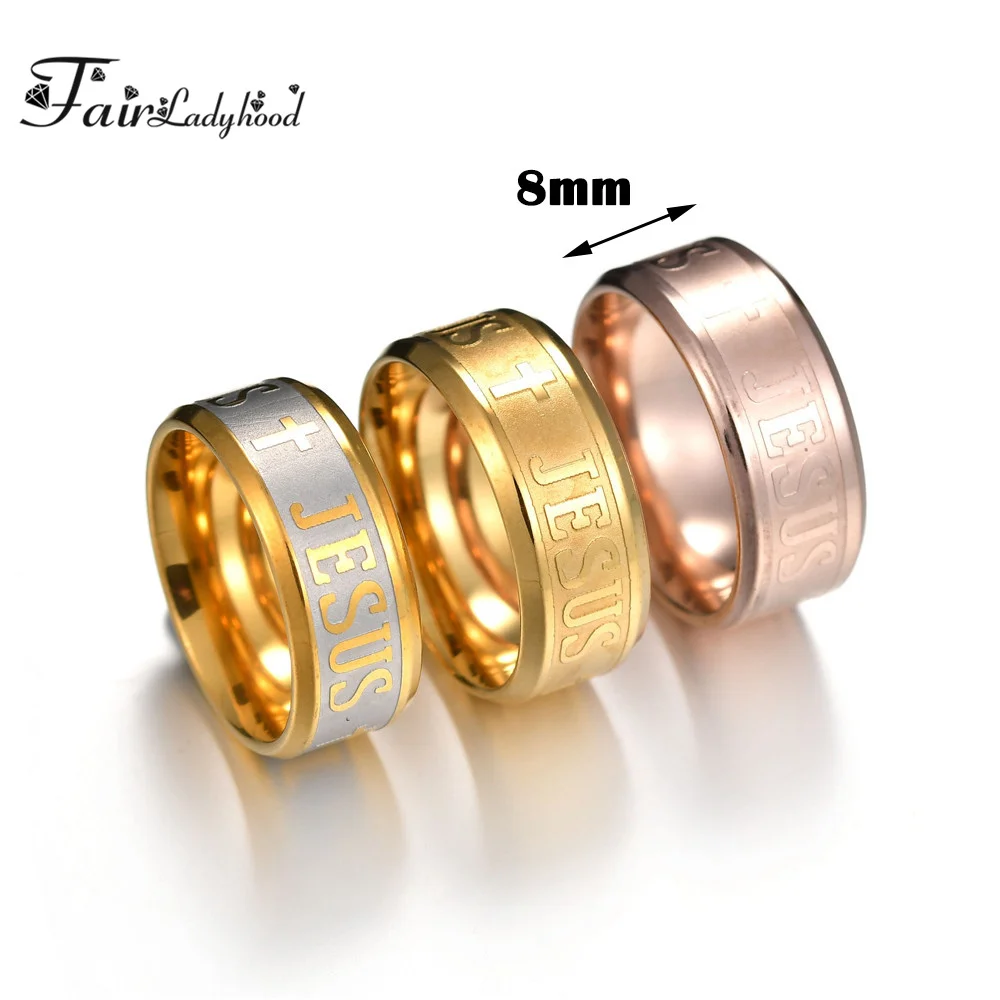 FairLadyHood TOP Quality Catholic 8mm Titanium Steel Silver Color Rose Gold Color Jesus Cross Letter Bible Wedding Band Ring Men