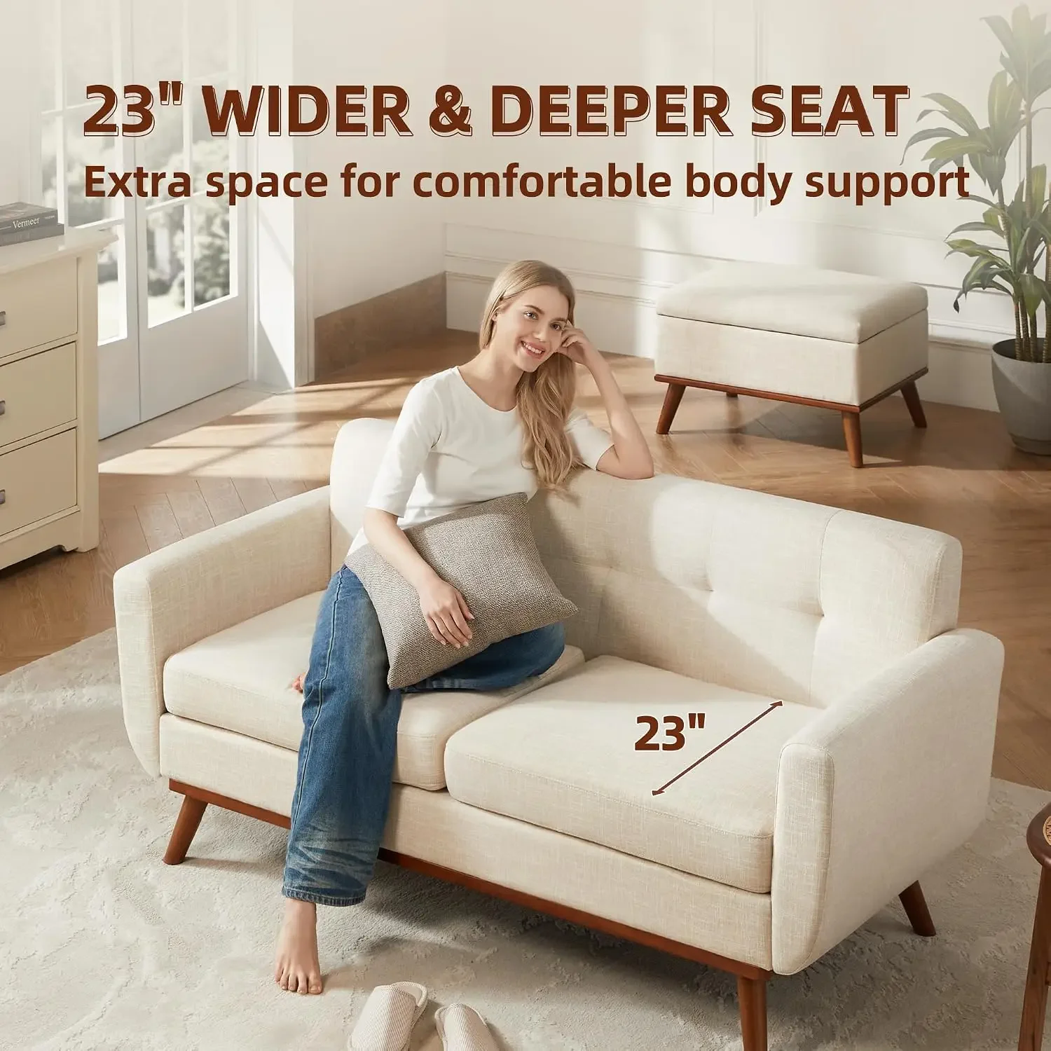 65.2" W Loveseat Sofa, Mid Century Modern Decor Love Seat Couches for Living Room, Button Tufted Upholstered Furniture, Easy to - view 3