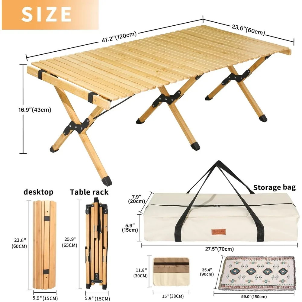 Low Picnic Table, 4Ft Bamboo Folding Camping Table with Carry Bag and Tablecloth, Portable Beach Table, Outdoor Tables