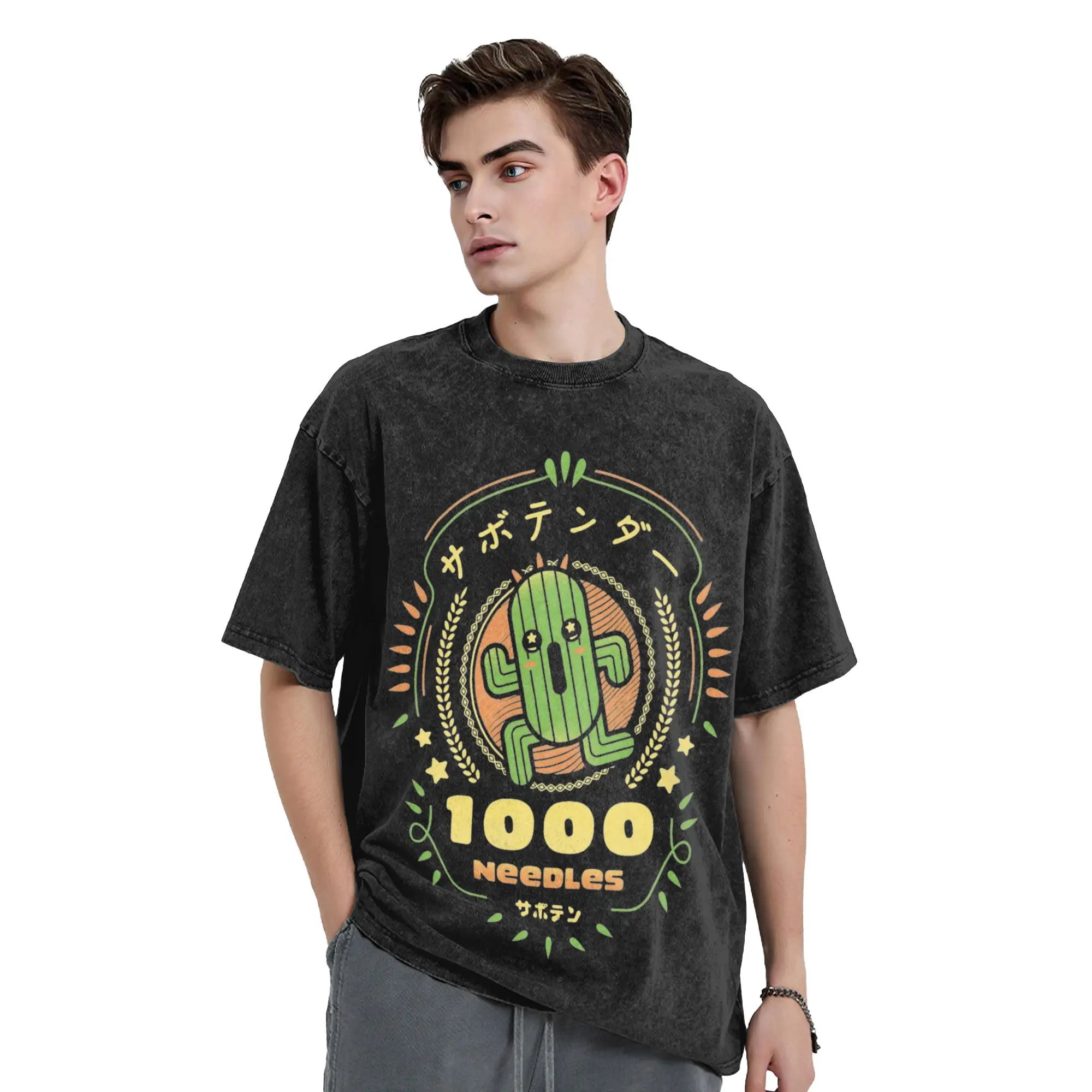 Men Women Finals Fantasys Cactuar Needles Vintage Washed T Shirts  100% Cotton Tops Crazy Short Sleeve Crew Neck Tee Shirt