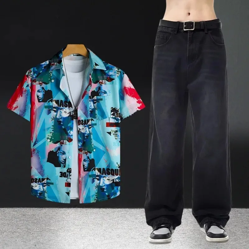 طقم قمصان جينز صيفي بأكمام قصيرة للرجال مكون من قطعتين ملابس كاجوال رفيعة ومريحة