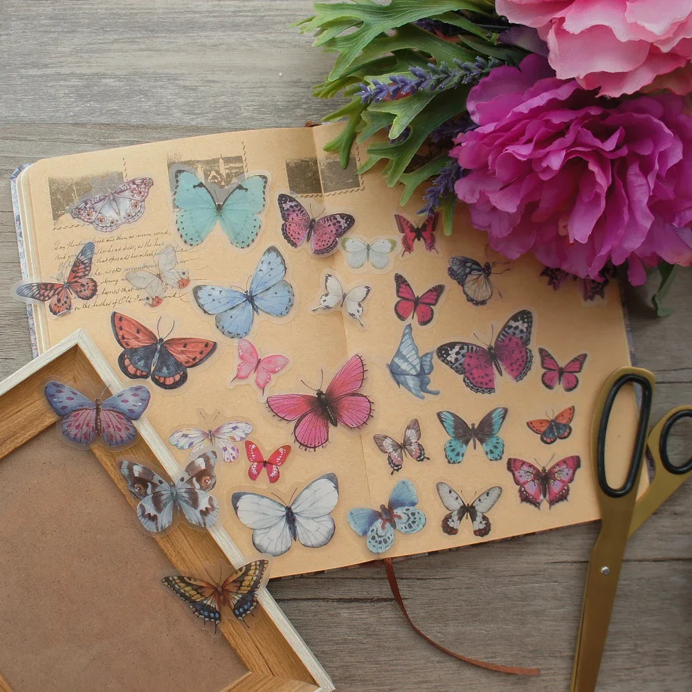 

28pcs Oil Painting Color Rose Red and Blue Butterfly Style Sticker Scrapbooking DIY Gift Packing Label Decoration Tag