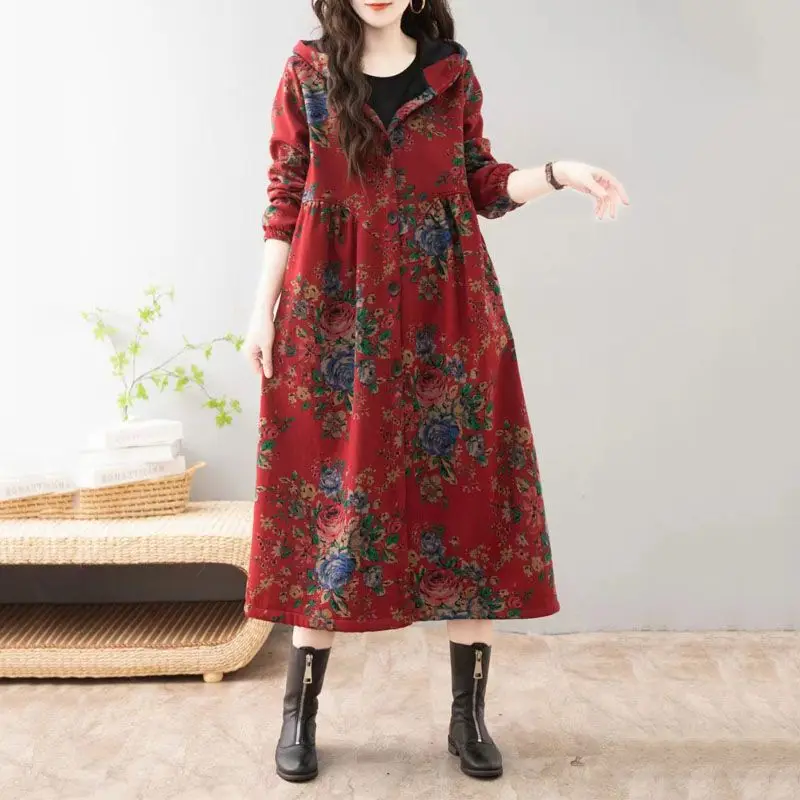 Autumn Winter Long Trench Coat Fleece Lined Warm Women's Jacket Hooded Vintage Printed Loose Outerwear Long Coat Trendy Tops