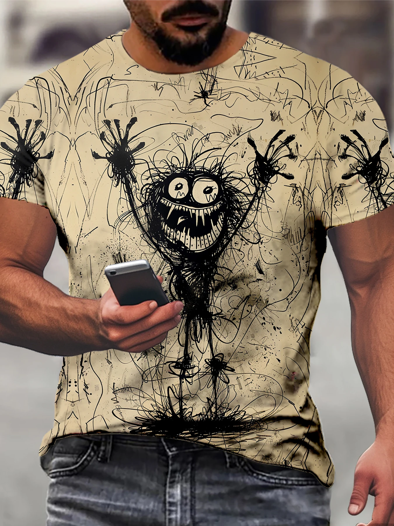 Men's Retro Sketch Style Cheering Monster Illustration Print T-shirt Crew Neck And Short Sleeve Tee, Summer Tops For Street Wear