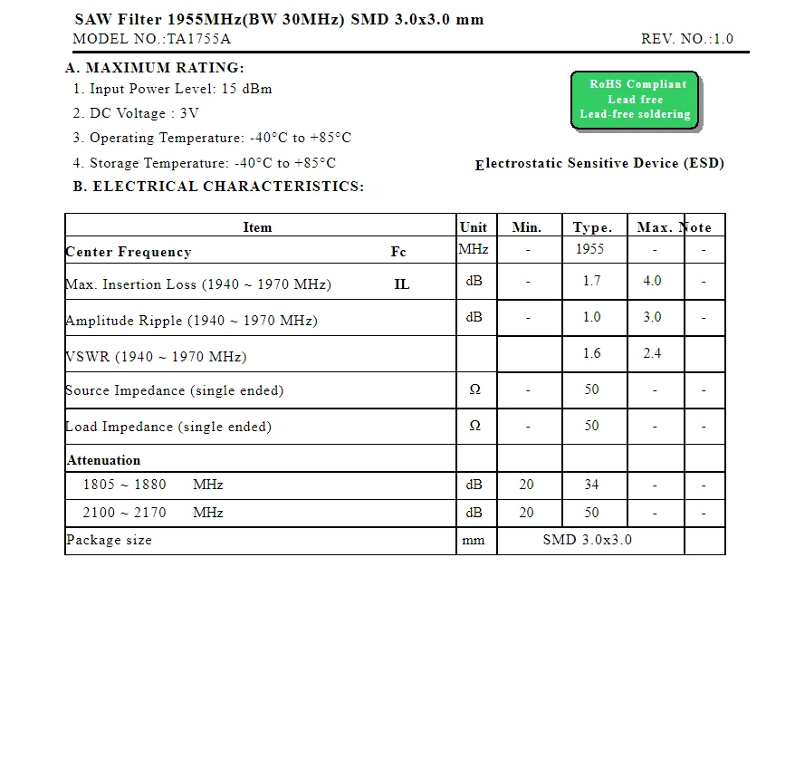 (10PCS) TA1755A 코드 2R 새로운 정품 1955 MHz 패키지 SMD SAW 필터 재고 있음
