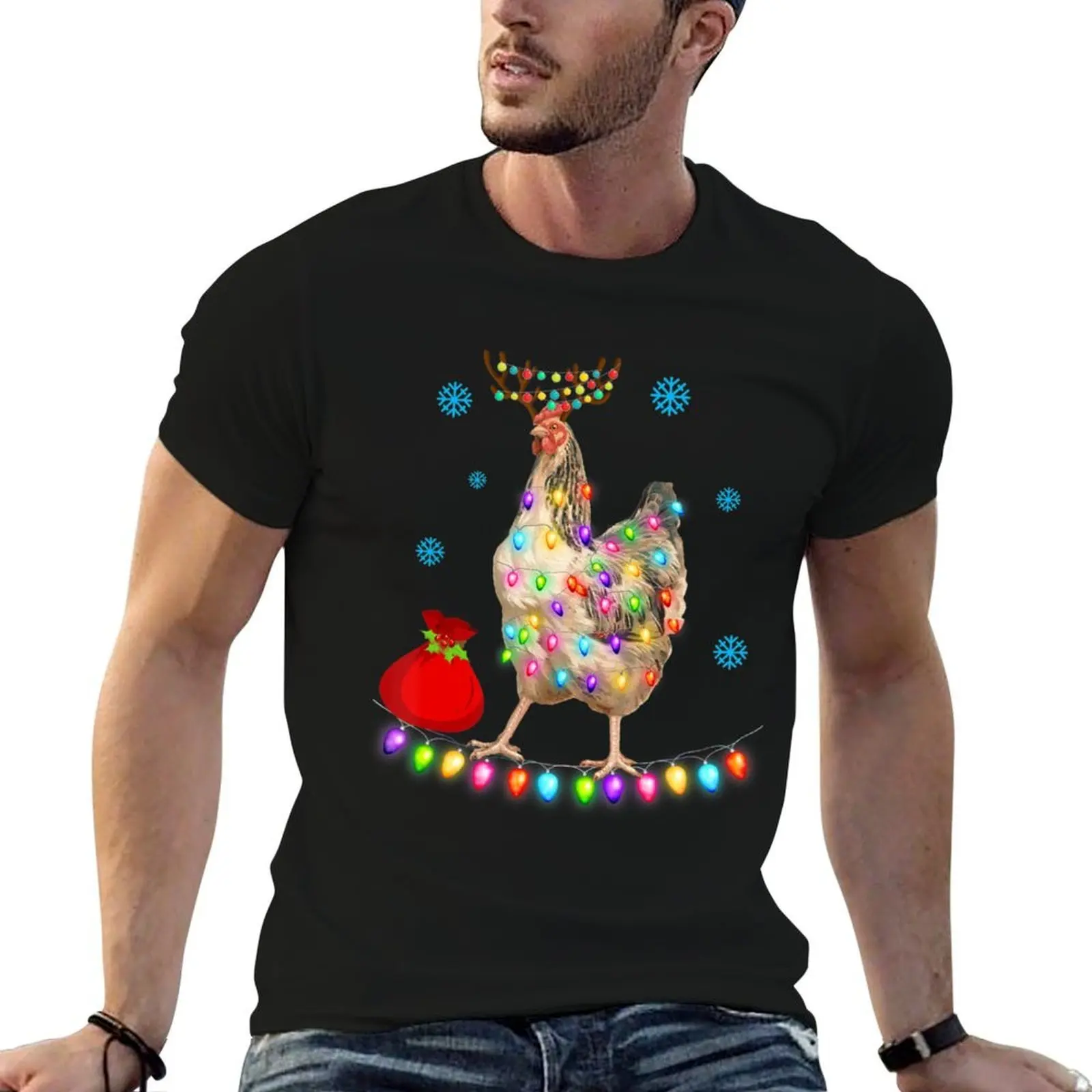 Chicken Christmas Santa Reindeer Lights Farmer Pajamas T-Shirt printed t shirts for man man t shirt cotton high quality T-Shirt