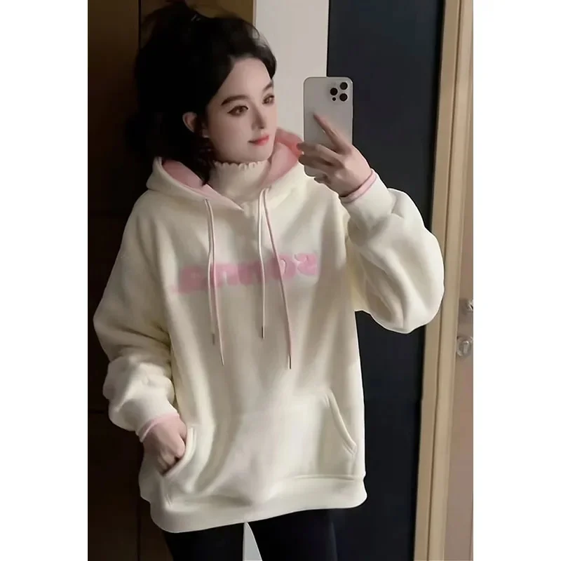 

2025 женские новые толстовки с длинными рукавами, верхняя одежда, зимняя женская мода с капюшоном, бархатное пальто, корейская женская толстовка с капюшоном, куртка