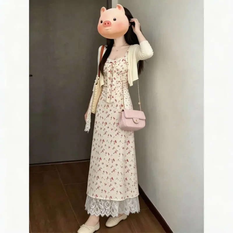 Women's Korean Graceful Sweet Floral Lace Sling Dress Knit Shirt Two Piece Set Lady Camisole Dresses Coat Outfits 2026 Clothing