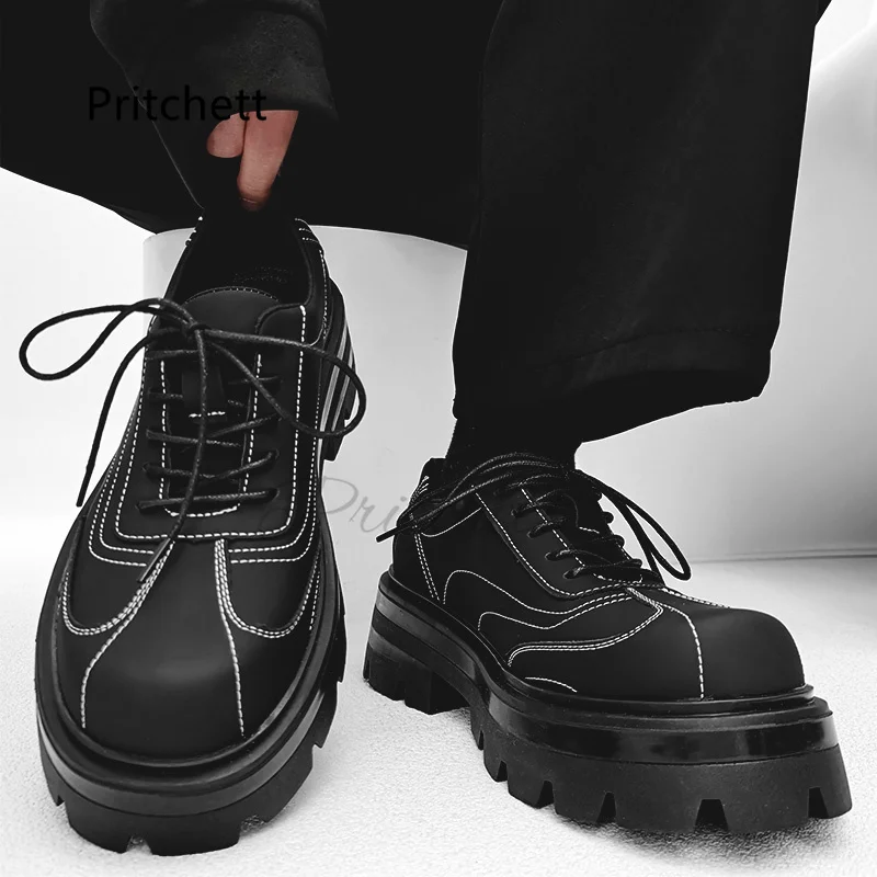 

Sewing Thick Soled Derby Shoes for Men British Formal Platform Leather Shoes Commuter Big Head Shoes Black Lace Up Men's Shoes