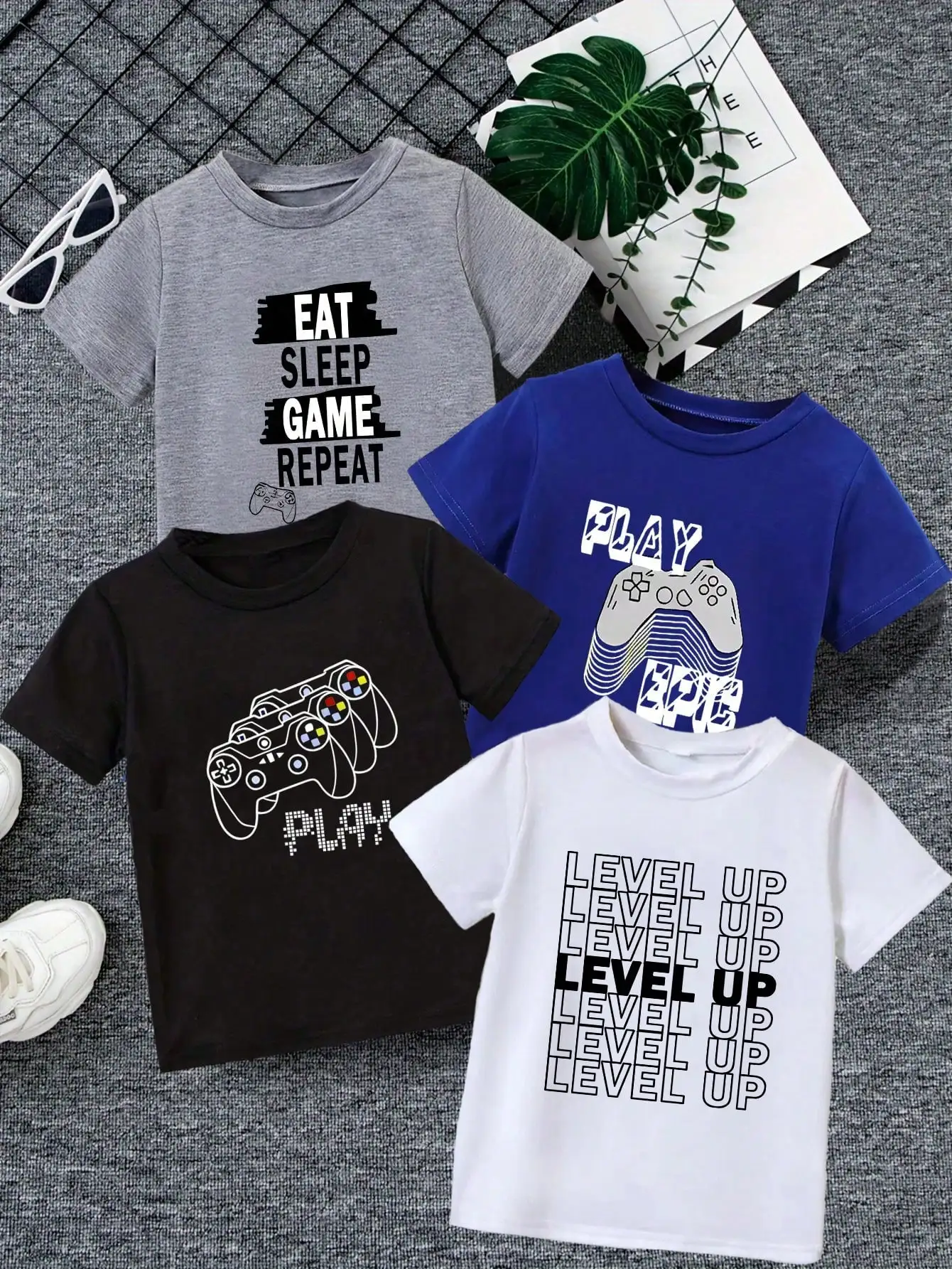 

4-Pack Kids Graphic Tees: Game Controller & Slogan Print, Short Sleeve Round Neck Cotton T-Shirts for Boys