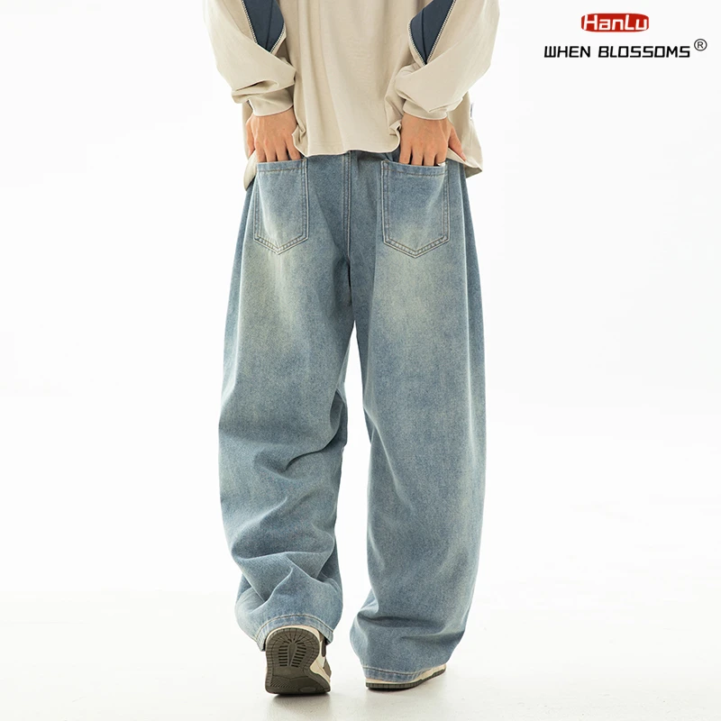 HANLU 2025 Spring New! Men's Retro Washed Oversized Jeans, Split Structure Curved Trousers from Trendy Brand, Loose and Stylish