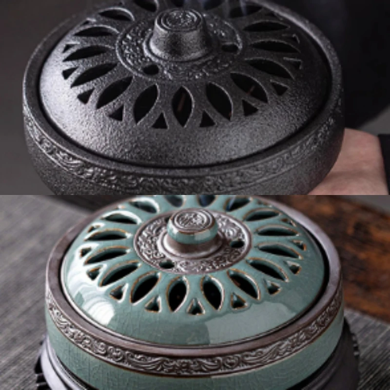 Grand brûleur d'encens en céramique 15.5x13x7.8cm, créatif, décoratif d'intérieur, usage domestique avec couvercle, brûleur d'encens en céramique Cyanlblack