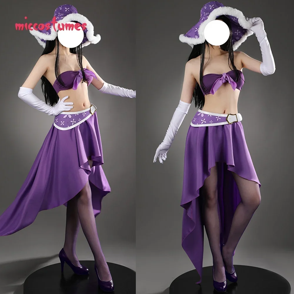 

Miccostumes Women's Anime Robin 15th Anniversary Cosplay Costume Purple Bowknot Tube Top and Skirt with Hat Long Gloves