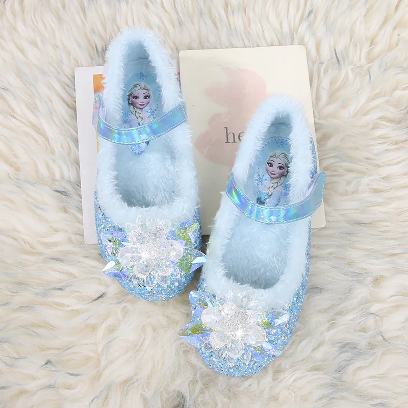 Disney 2024 Girls\' Plush Slippers Frozen Cute Children\'s Princess Elsa Winter Cotton Slippers Baby Snow Home Pink Blue Shoes