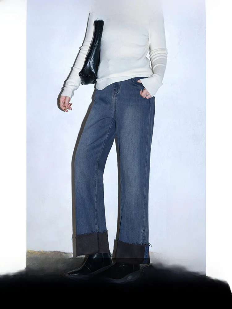 

Прямые джинсы с высокой талией и подкладкой, зимние теплые женские облегающие джинсы с застежкой-молнией и высокой талией, девять зубцов