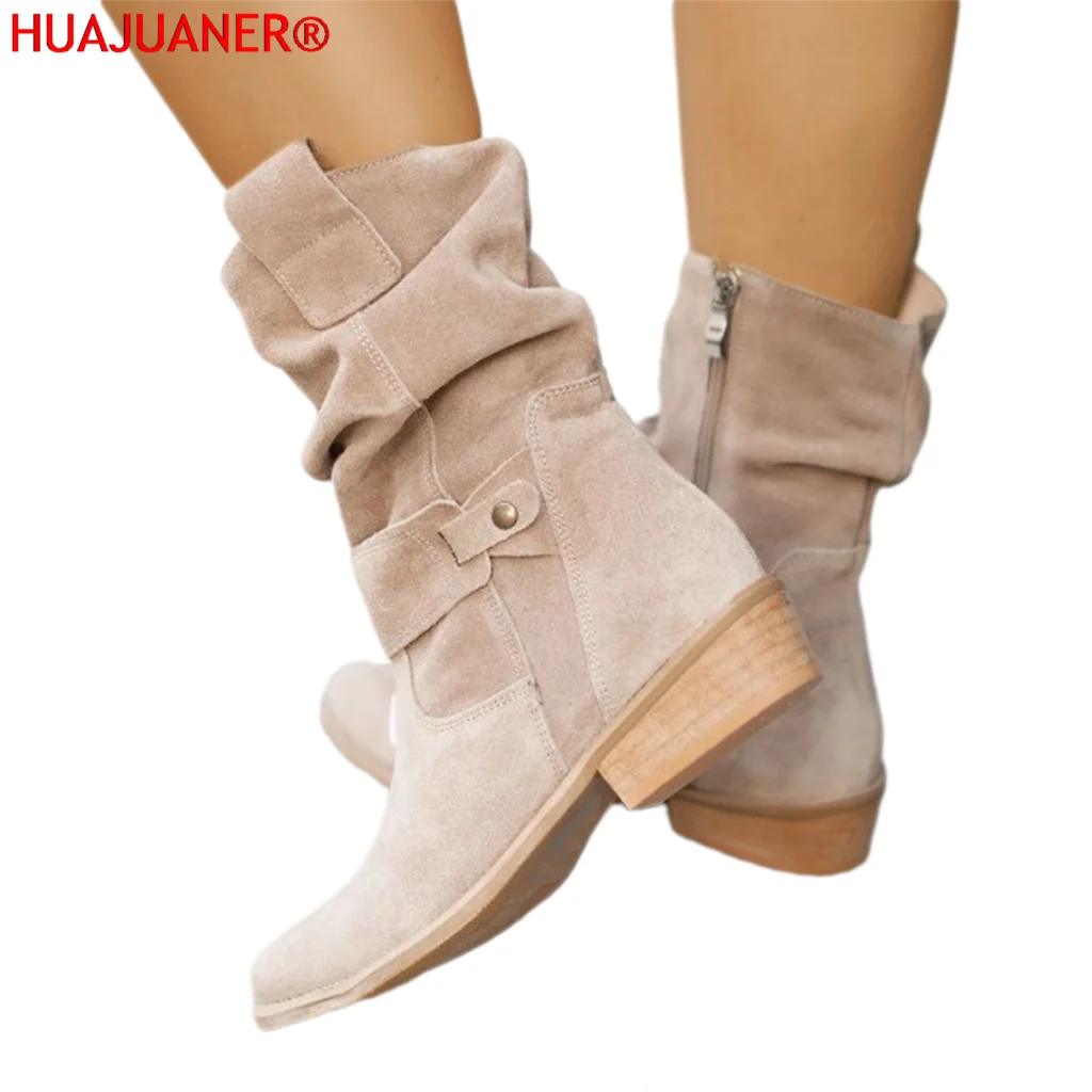 

2025 Summer Cowboy Boots For Women Large Size Suede Low Heels Round Head Metal Buckle Side Zipper Mid Boots Fashion Shoes