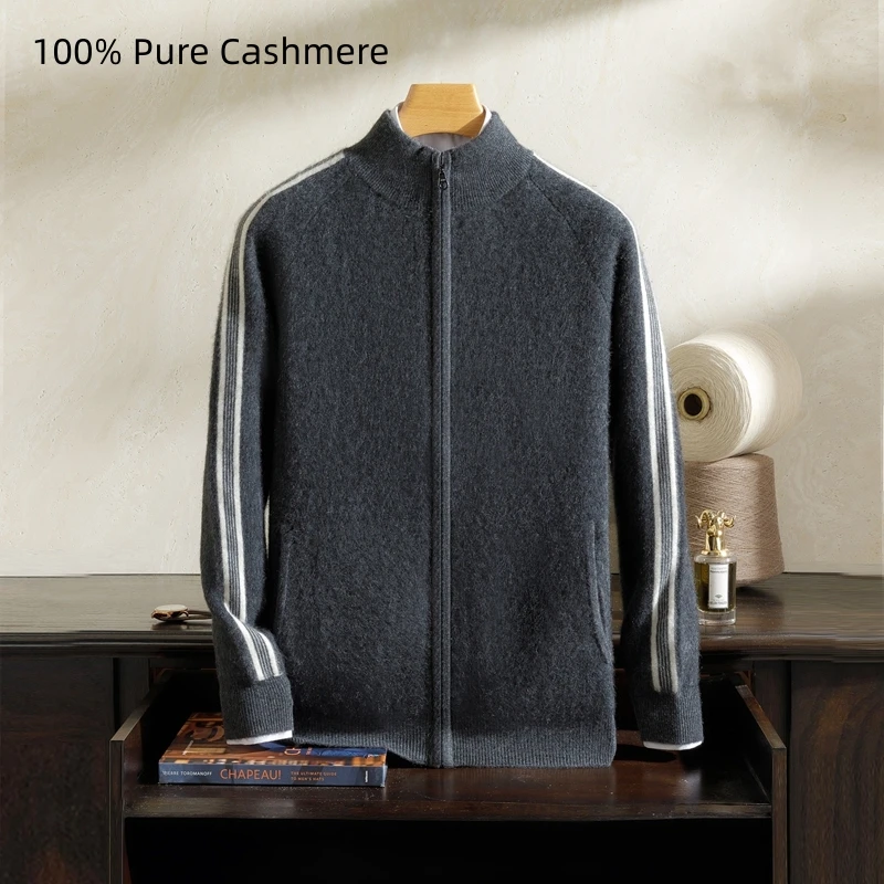 

MVLYFLRT Men's A-Class 100% Pure Goat Cashmere Cardigan Zipper Knitted Casual Loose Jacquard Sweater Winter Thick Warm Coat