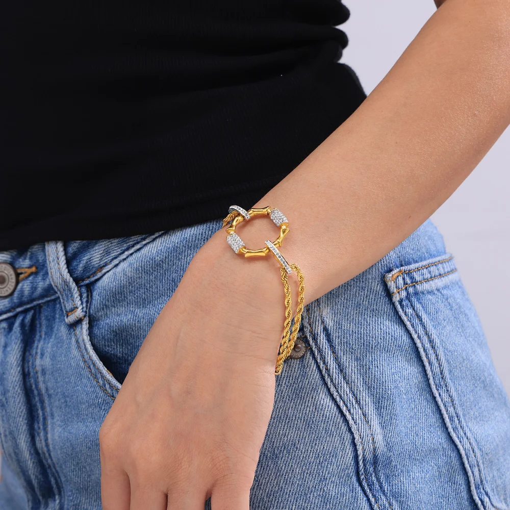 المرأة الفاخرة حجر الراين مطعمة غير النظامية قلادة قلادة الفولاذ المقاوم للصدأ مطلية بالذهب سوار مأدبة مجوهرات بسيطة اكسسوارات