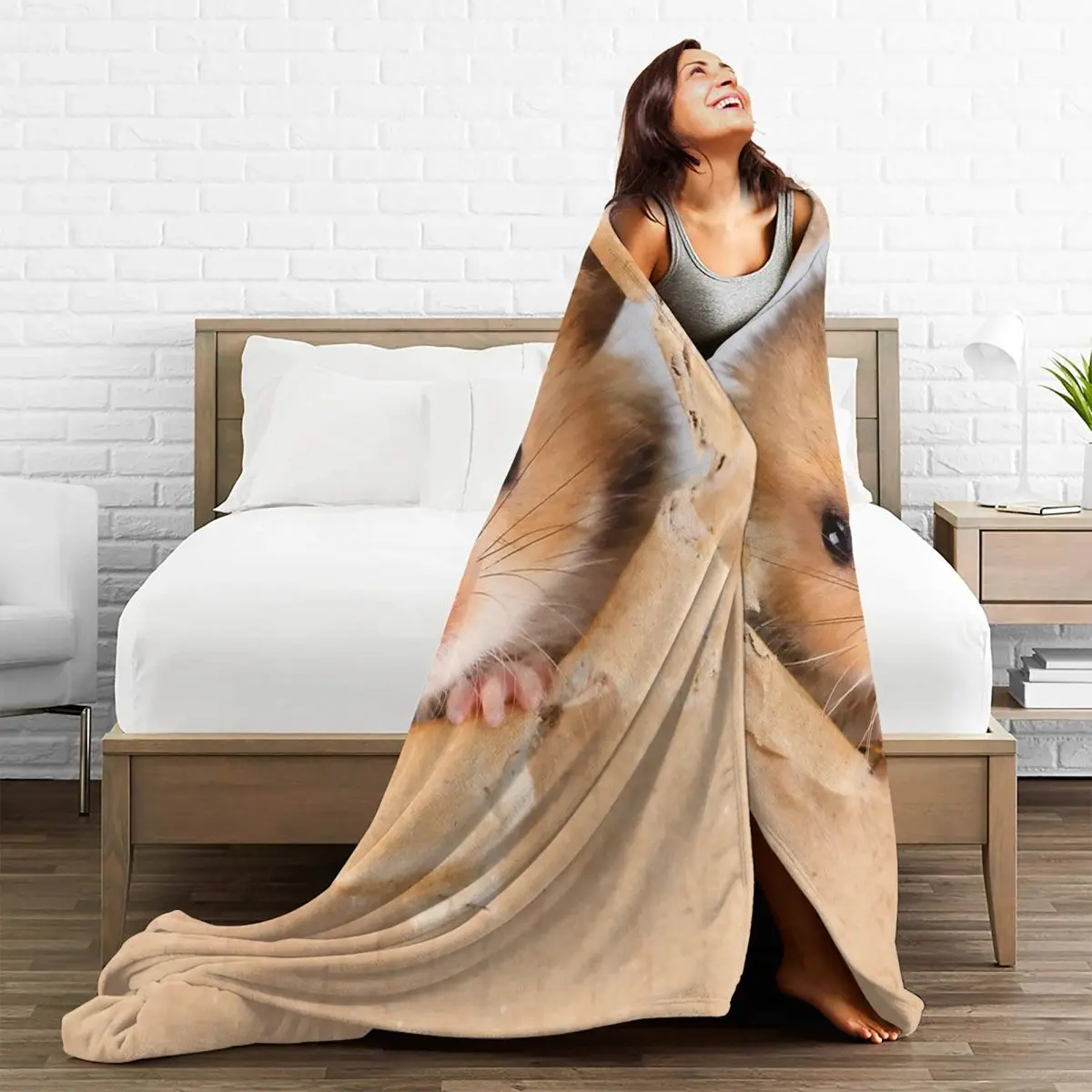 Cute Hamster Peeping Through Hole In Brown Cardboard Blanket Soft Warm Flannel Throw Blanket Bedding for Bed Living room Picnic