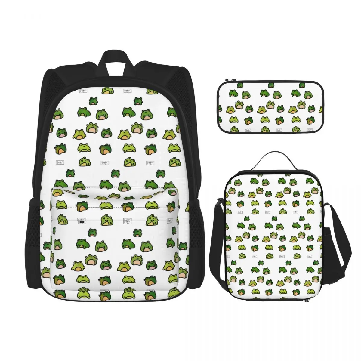 Frogs Doodle Backpacks Kids Bookbag School Bags Rucksack Lunch Bag Pen Bag Three-Piece Set