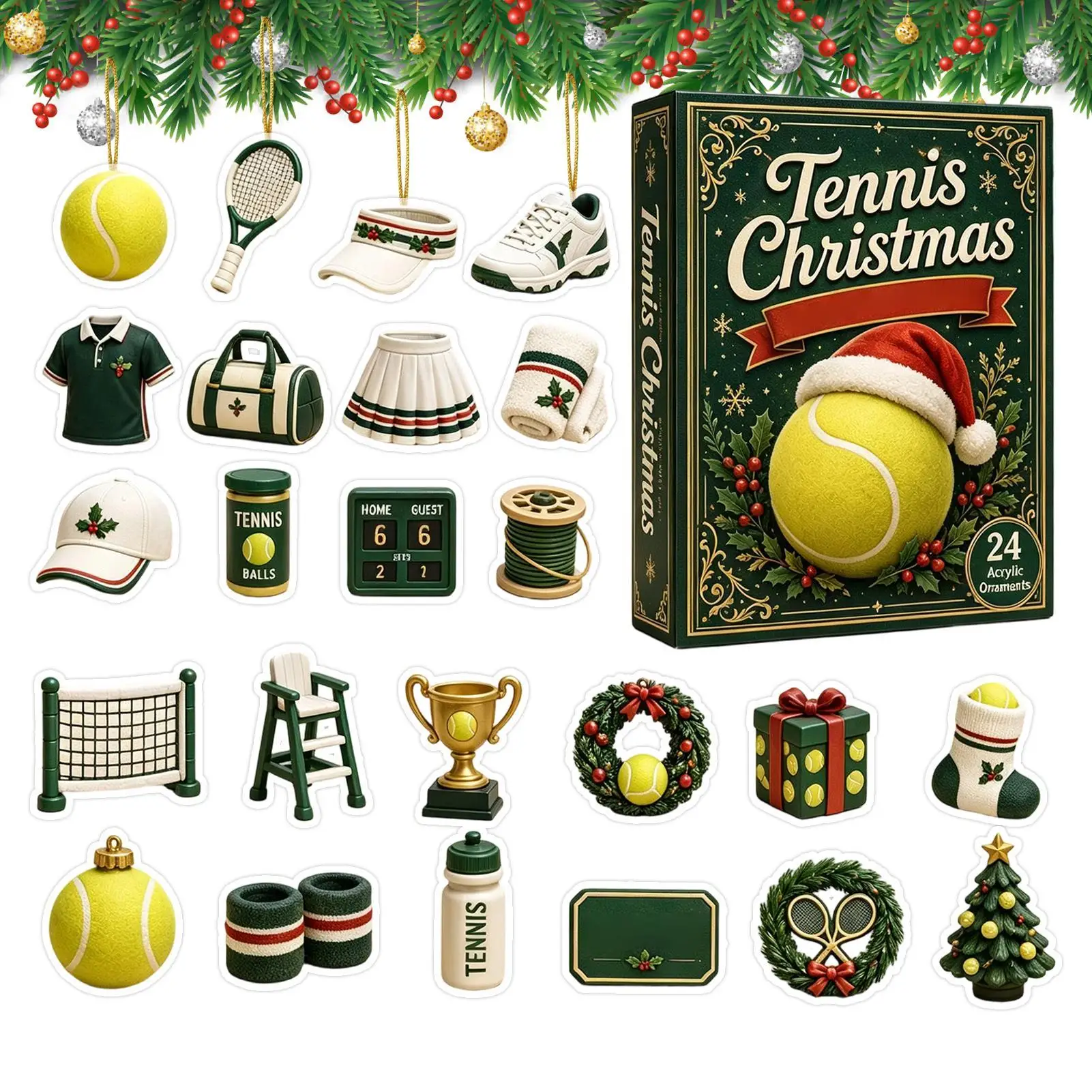 christmas Tennis countdown calendar 24pcs christmas tree 2D Acrylic Tennis Ornaments Sports Series Christmas Advent Calendar