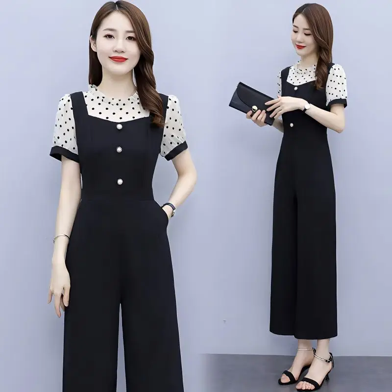 

2024 Women Summer Short Sleeved O-neck Print Dot Jumpsuit Female Stylish Causal Elegant Rompers Work OL Pant Ladies T107