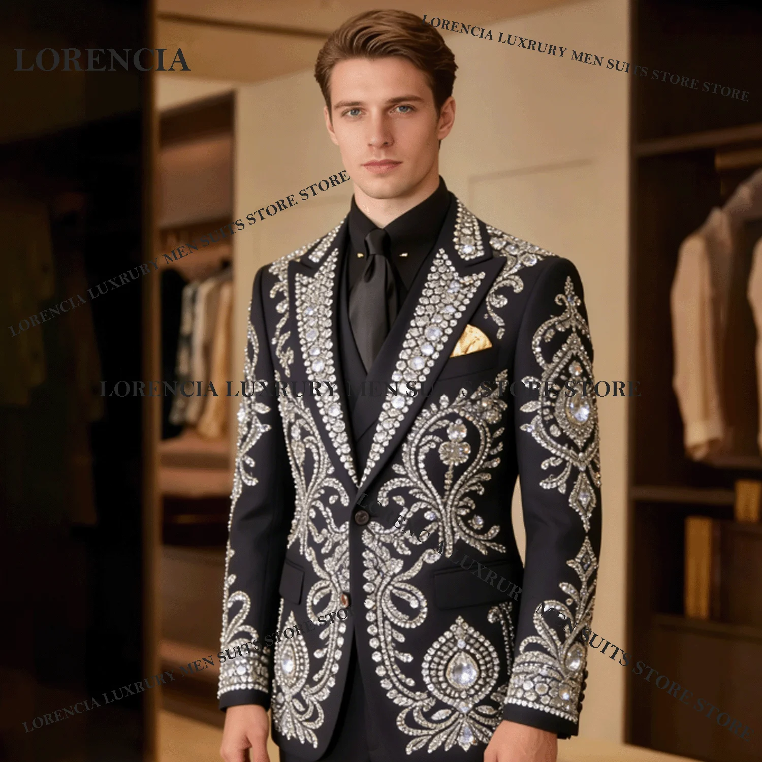 

Мужские костюмы с кристаллами и стразами для свадьбы, выпускного вечера, вечеринок, роскошные блейзеры с пайетками и алмазным декором, комплект из 3 предметов, смокинги, облегающий крой.
