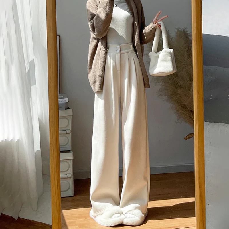Winter Einfarbig Plus Fleece Gerade Hosen Frauen Doppel Tasten Verdicken Warme Cord Hosen Casual Bequeme Plüsch Hose