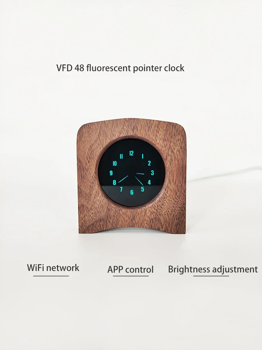 VFD48 Creative Fluorescent Screen Pointer Clock WIFI Bluetooth Retro Desktop Solid Wood  Table Alarm Clock