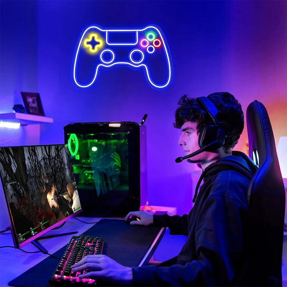 Game Controller Neon Sign Bedroom USB Gamepad Lamp Decoration Room Wall Ceiling Decor LED Night Light Gamer Gifts for Teens Boys