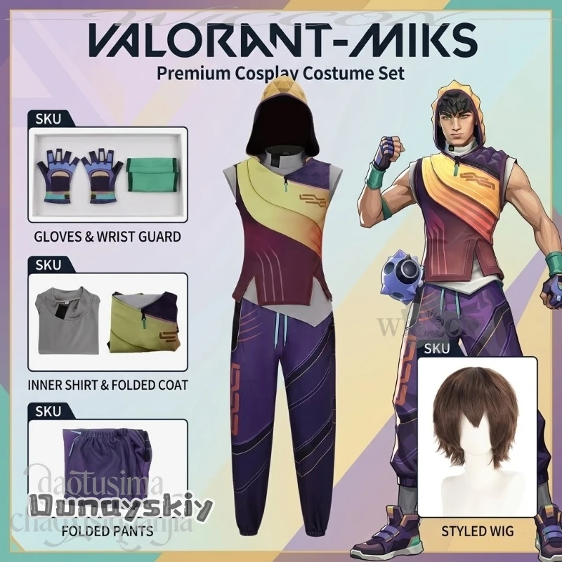 Miks Costume Punk Battle Uniform Handsome Vest Coat Pants Gloves Wigs Halloween Christmas Party Cos Anime Game VALORANT Cosplay