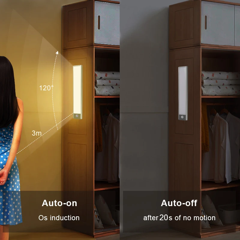 Lampe de Nuit LED Sans Fil en Aluminium, Rechargeable par USB, Capteur de Mouvement PIR, Idéal pour une Cuisine, une Garde-Robe ou un Placard