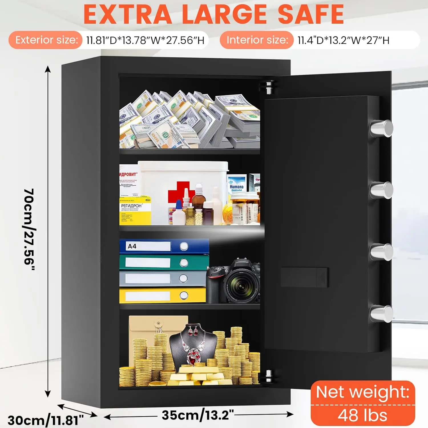 5.6 Cu ft Extra Large Home Safe Box Fireproof Waterproof, Security Box with Fireproof Bag, Digital Keypad and 3 Removable Steel