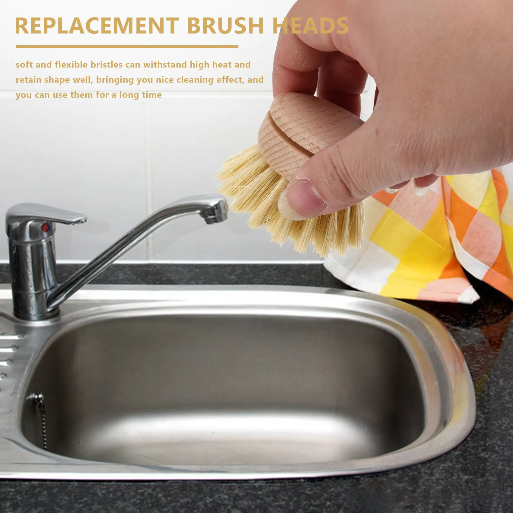 Washing Up Brush,Dish Brush,6 Pcs Replacement Brush Heads Wooden Cleaning Dish Brush Refillable Kitchen Beech