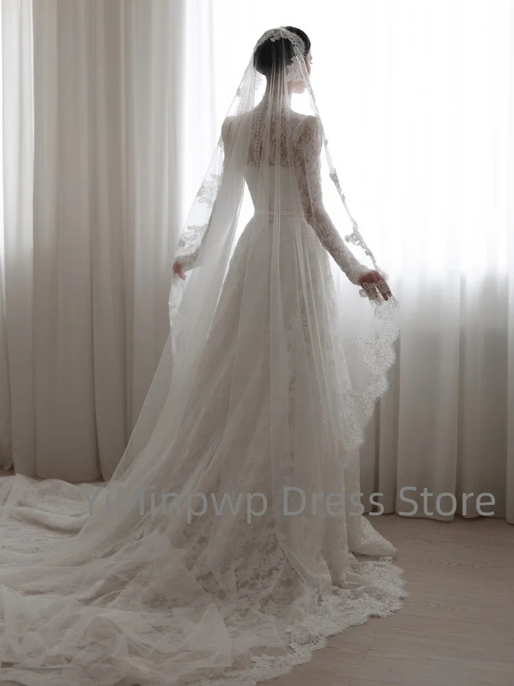 Elegante Civiele Trouwjurken Hoge Kraag Lange Mouw Bruidsjurk Kant A-lijn Sweep Trein Bruidsjurk Aangepaste robe de mariée