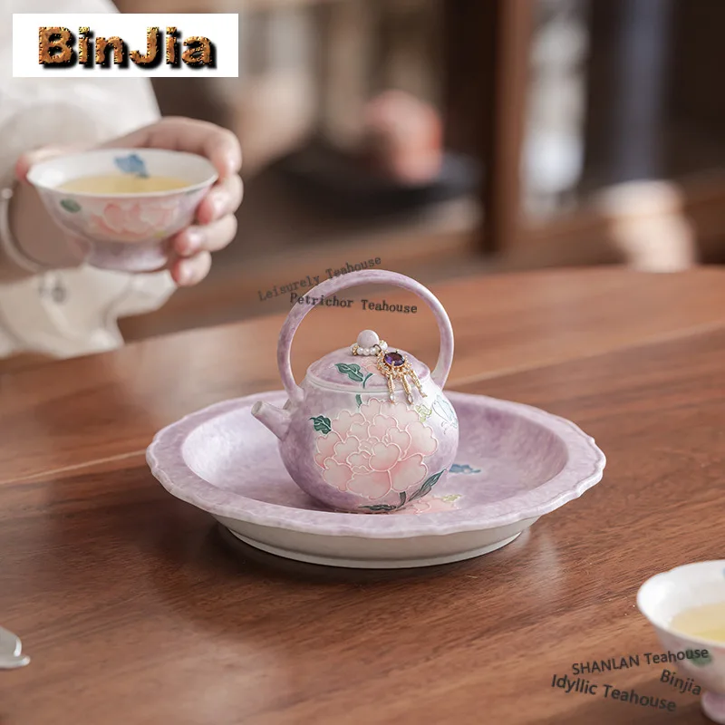 90ml Hand-painted Peony Lifting Handle Teapot Creative Tea Infuser Pot Tea Soaking Kettle with Strainer Tea Ceremony Decoration