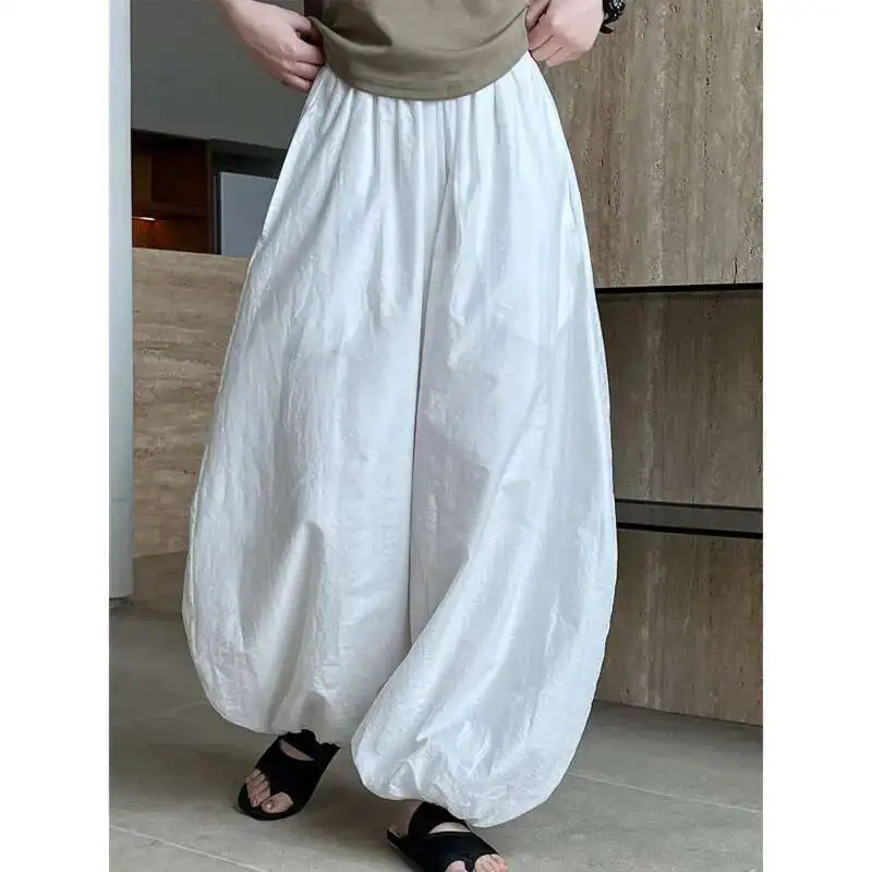 

Summer White Lantern Pants Women Loose Elastic Waist Pocket Casual Bloomers,Bud Pants