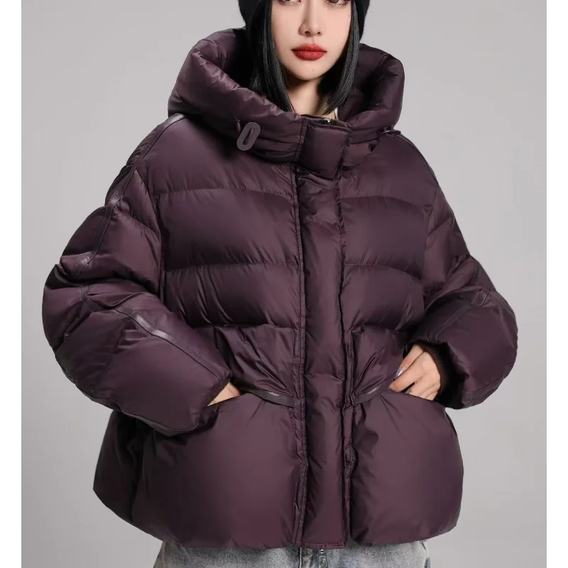 

Women's Short Down Jacket 2025 Winter New Arrival Thickened Oversized Hooded Puffer Coat Leather Patchwork Trendy